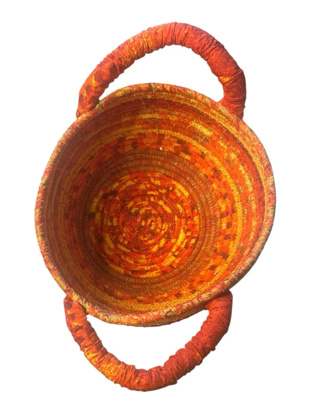 Handmade K Designs Coiled Fabric Basket Orange Rust Gold Double Handle